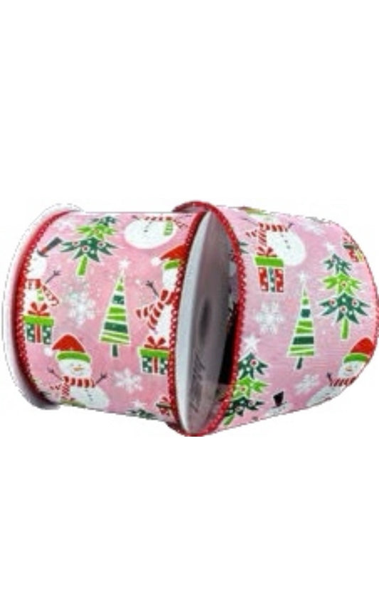 Wired Pink Background Snowman  Frolicking Ribbon- 2.5”x10 Yards