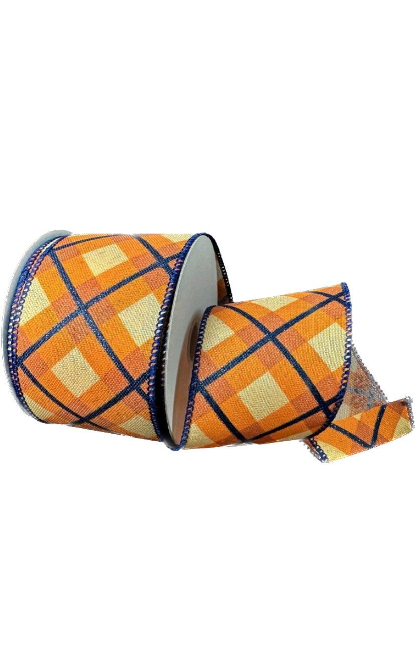 Wired Orange Cross Check with Navy Glitter Stripe on Poly Linen Ribbon- 2.5”x10 Yards