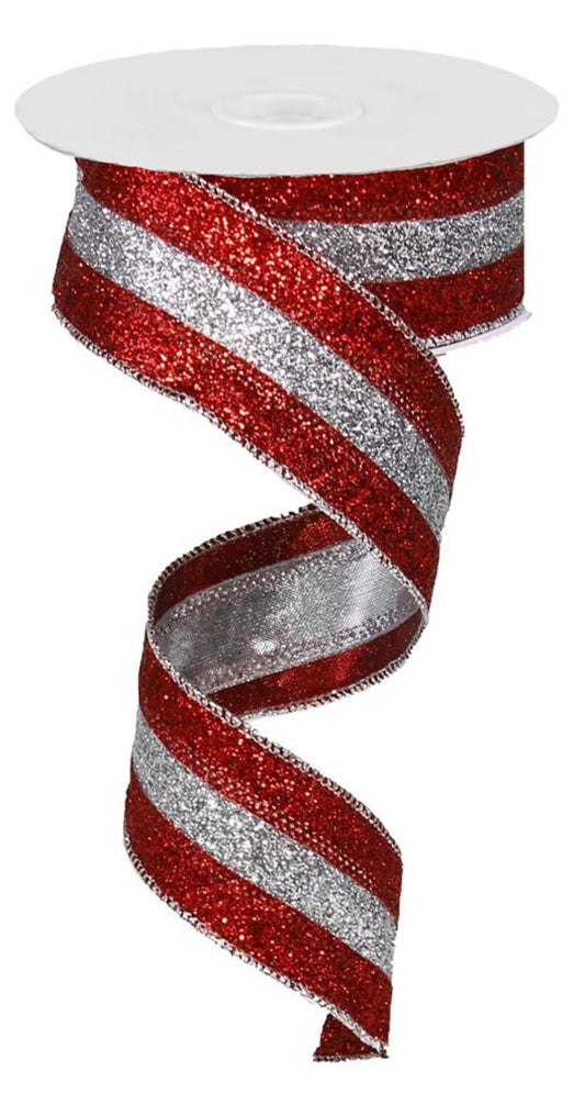 10 Yards - 1.5” Wired Red and Silver Heavy Glitter Stripe Ribbon