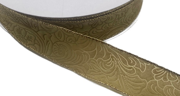 50 Yards - 1.5” Wired Tan with Gold Metallic Edge Floral Design Embossed Ribbon