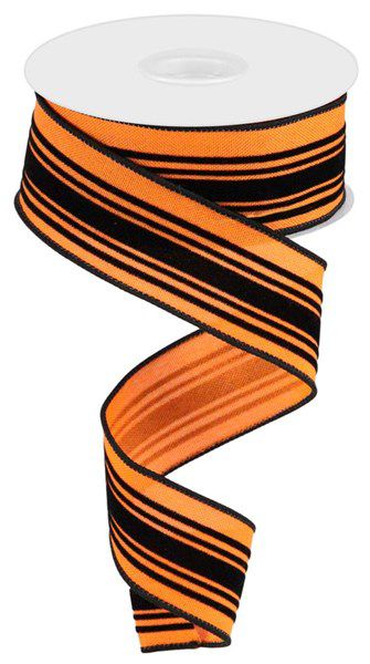 10 Yard - 1.5” Wired Orange and Black Metallic Vertical Stripe Ribbon