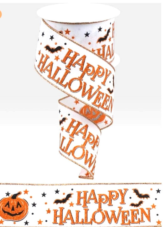 Wired White Happy Halloween Glitter Accent Ribbon-2.5”x10 Yards