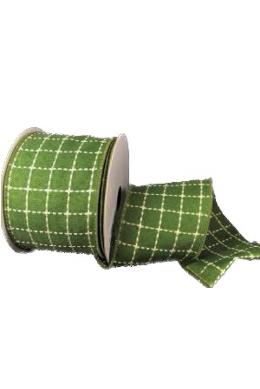 Wired Olive Green and Cream Check Ribbon- 2.5”x10 Yards