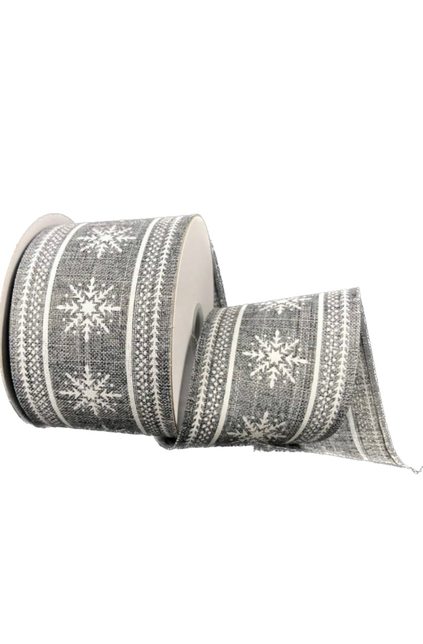 10 Yards - 2.5" Wired Gray Background White Snowflake Ribbon