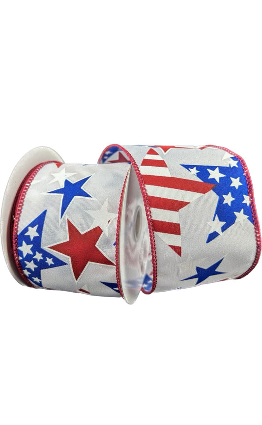 Wired Patriotic Red, Natural, and Navy Blue Stars and Stripes Ribbon-2.5”x10 Yards