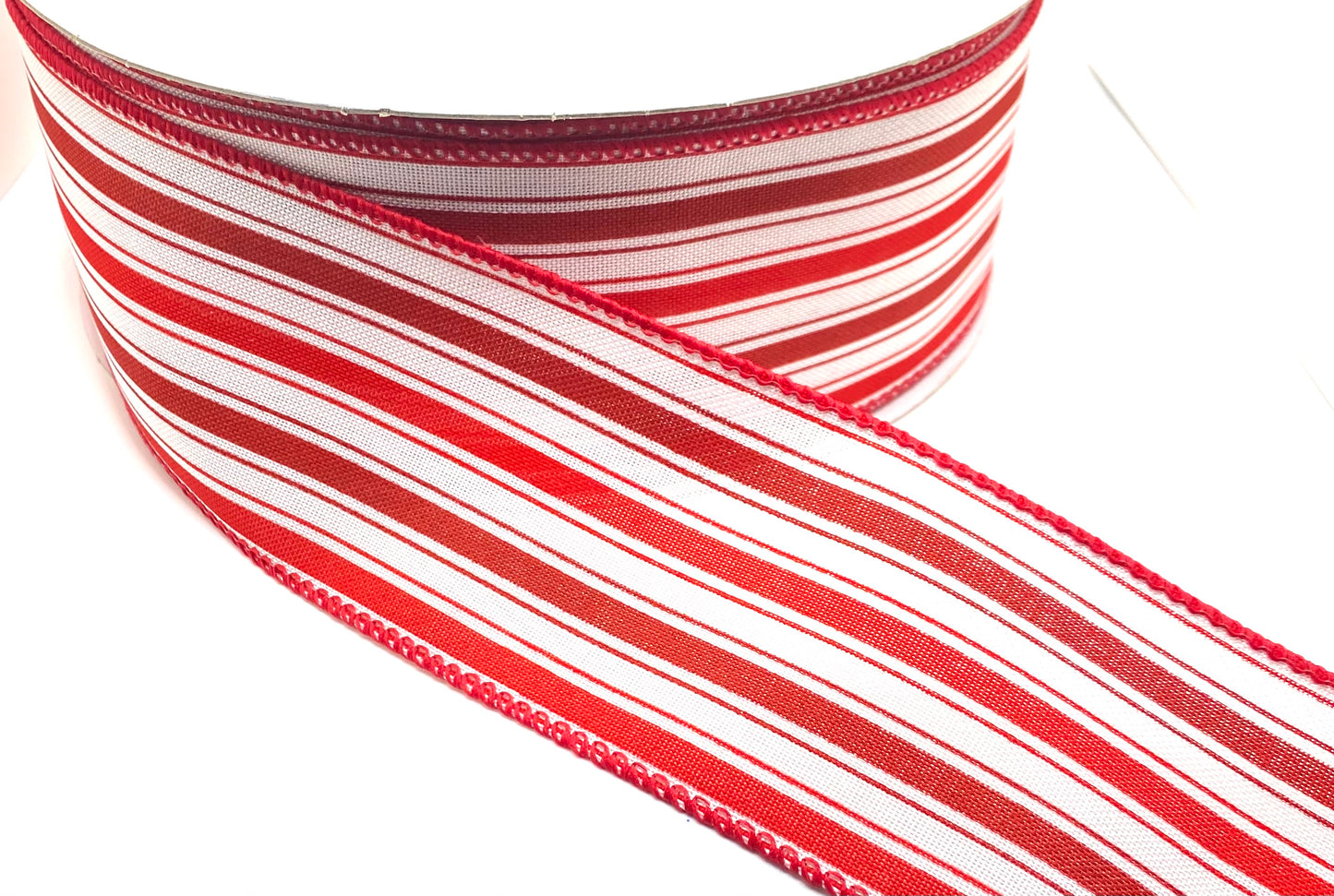 50 Yards - 2.5” Wired Red Burgundy White Stripe Ribbon