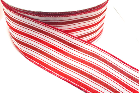 50 Yards - 2.5” Wired Red Burgundy White Stripe Ribbon