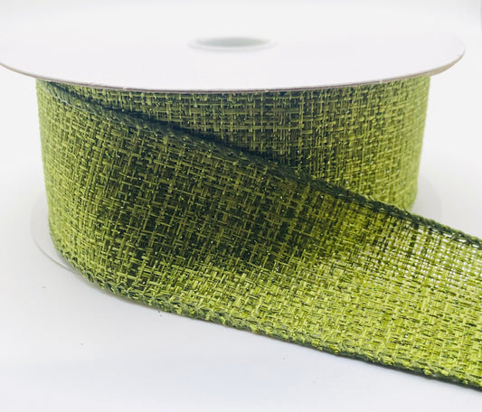 10 Yards - 1.5” Wired Moss Sage Green Metallic Tweed Ribbon