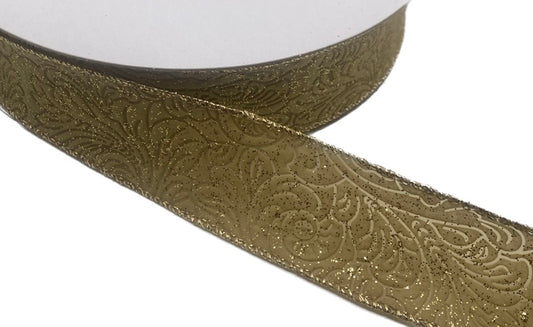 50 Yards - 1.5” Wired Tan Glitter with Gold Metallic Edge Floral Design Embossed Ribbon