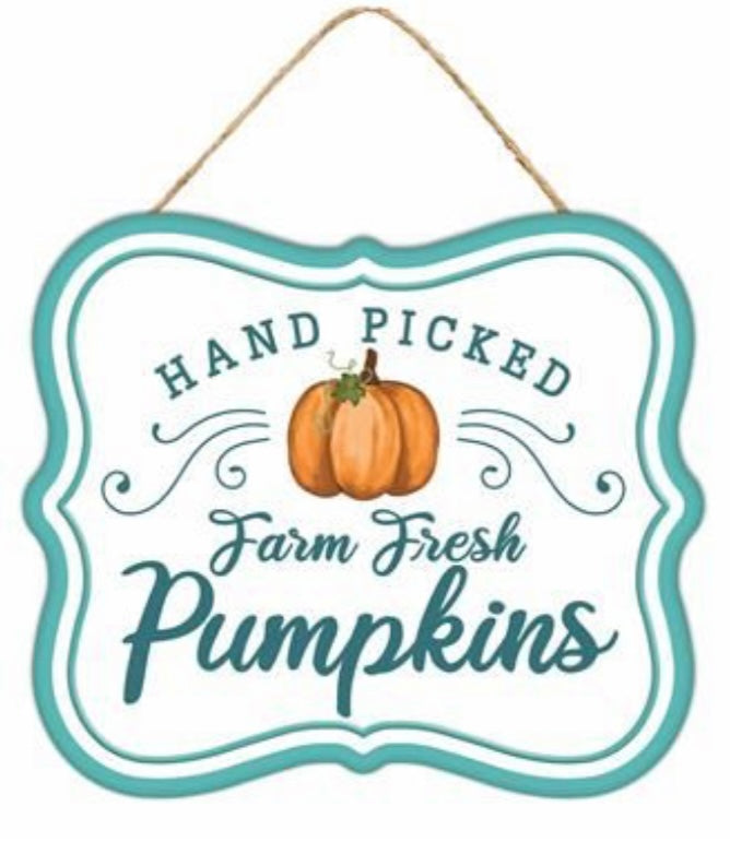 7"Lx6"H Tin Hand Picked Farm Fresh Pumpkins Wreath Signs