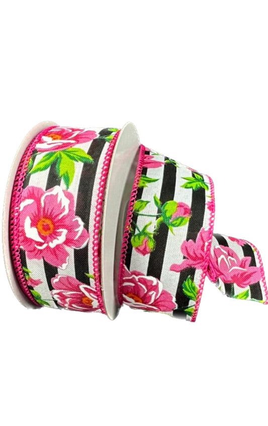 Wired Black and White Cabana Stripe Pink Peonies Ribbon- 1.5”x10 Yards