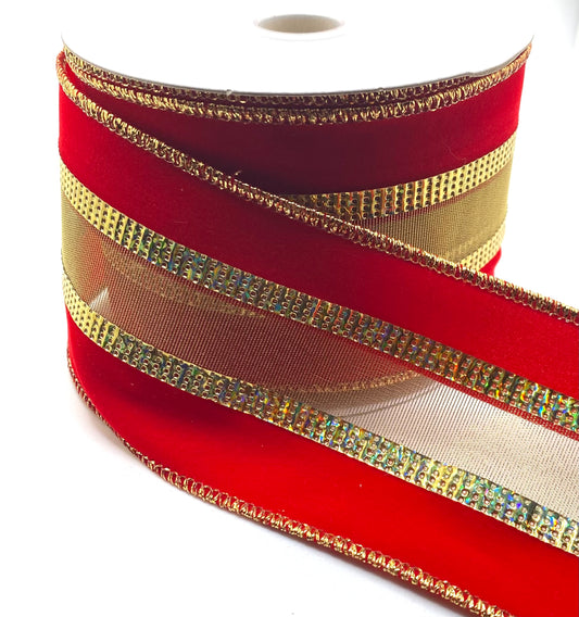 2.5” x 10yd Wired Red Velvet Gold Firefly Center Ribbon