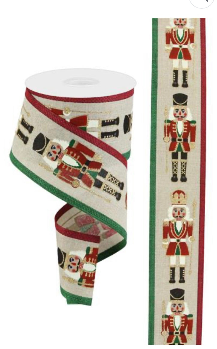 10 Yards - 2.5” Wired Natural Background Christmas Nutcracker Ribbon with Gold Glitter Accent