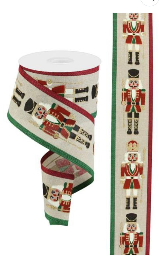 10 Yards - 2.5” Wired Natural Background Christmas Nutcracker Ribbon with Gold Glitter Accent