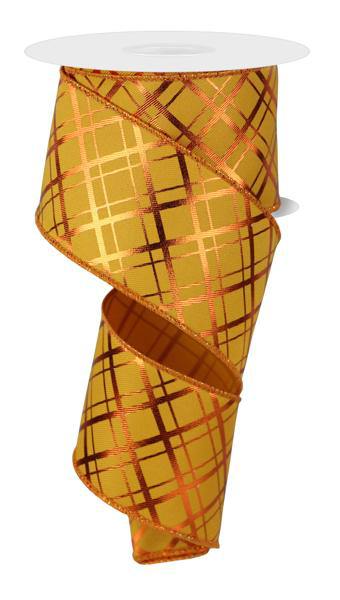 10 Yards - 2.5" Wired Dark Yellow and Copper Diagonal Lines Metallic Ribbon