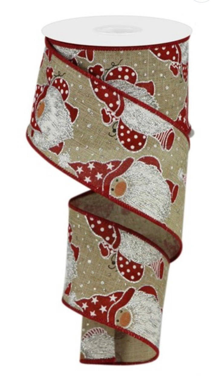 10 Yards - 2.5" Wired Natural Background Christmas Gnome Ribbon with Glitter Accent