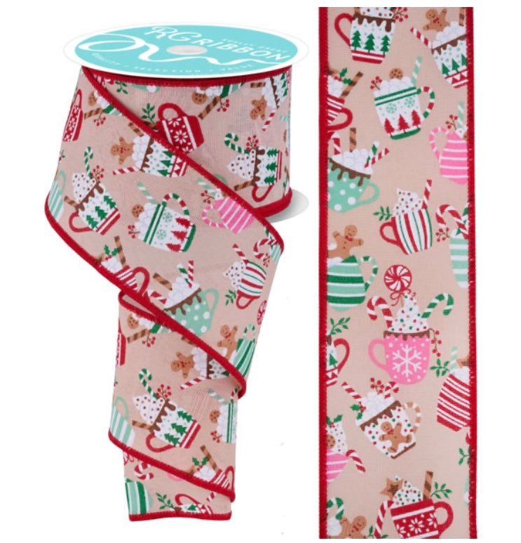 Wired Cream Background Hot Cocoa Christmas Ribbon- 2.5”x10 Yards
