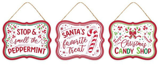 3 Piece Christmas Tin Signs - Santa’s Favorite Treat, Christmas Candy Shop, and Stop & Smell The Peppermint- 5”x4”