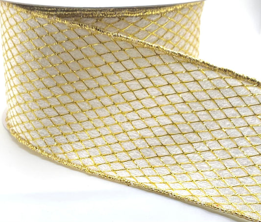 10 Yards - 2.5” Wired White Velvet Gold Net Overlay Ribbon