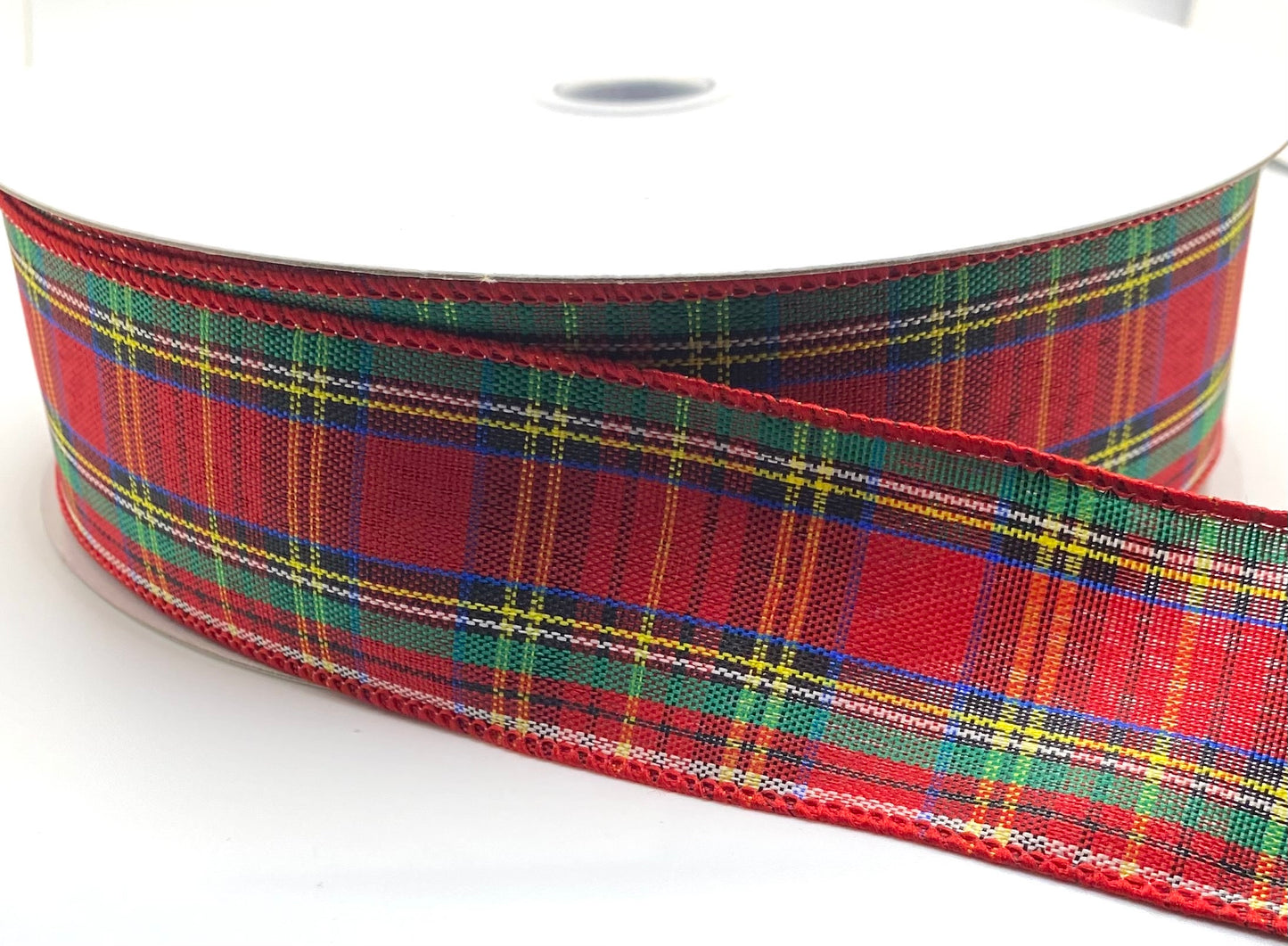 50 Yards - 1.5” Wired Red Green Blue Yellow and Black Woven Plaid Ribbon