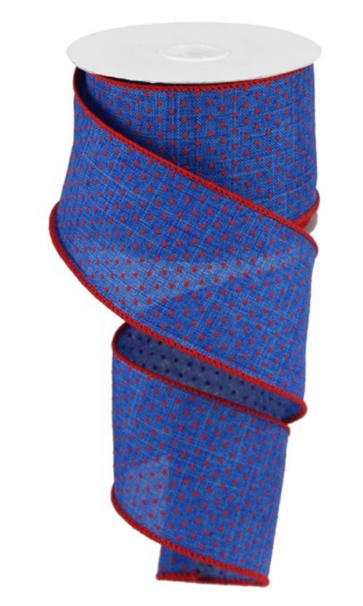 10 Yards - 2.5” Blue and Red Swiss Dot Ribbon