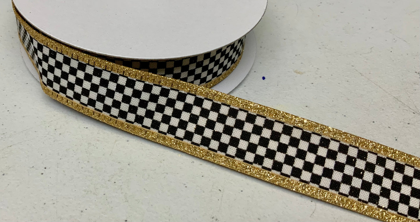 Wired Double Sided Black White Check Gold Edge Ribbon- 1”x10 Yards