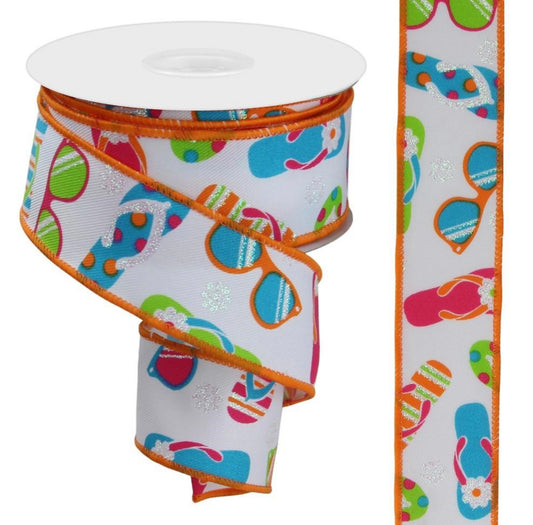 10 Yards - 1.5” Wired Summer Flip Flop Ribbon with Glitter Accent