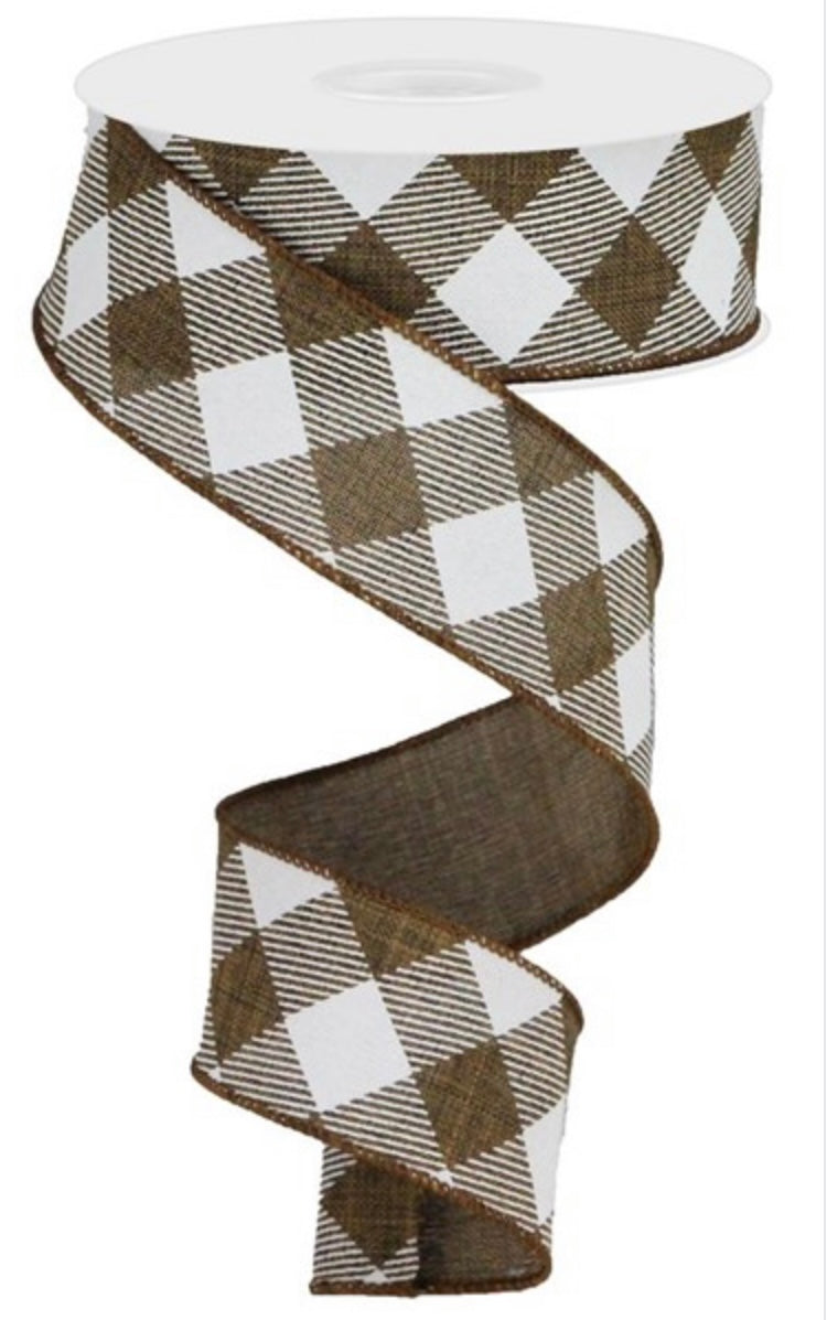 1.5” x 10yd Wired Brown and White Diagonal Check Ribbon