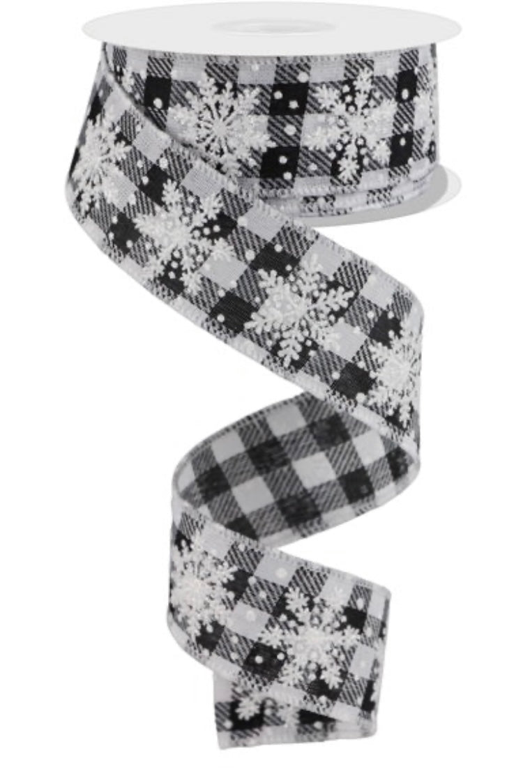 10 Yards - 1.5” Wired Black and White Check Snowflake Ribbon with Glitter Accent