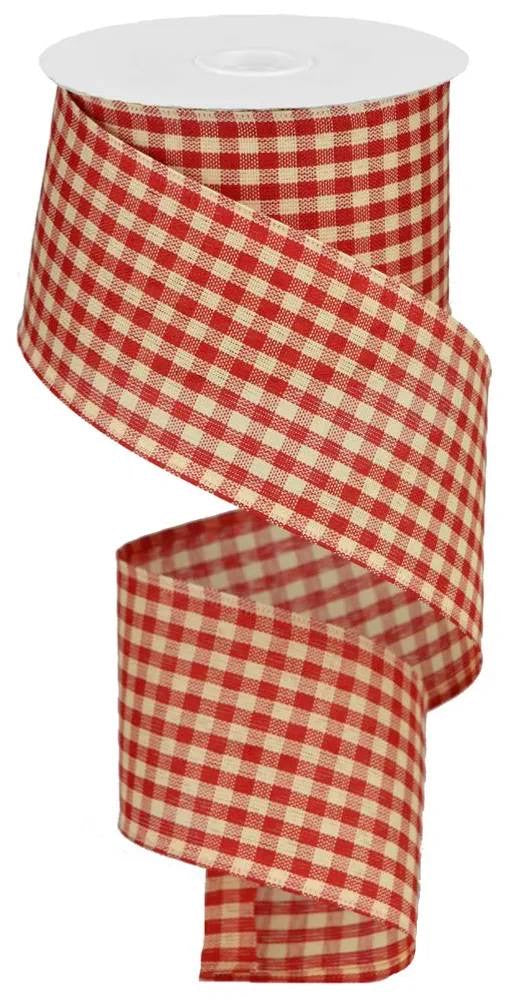 10 Yards - 2.5” Wired Red and Cream Gingham Ribbon - Christmas Ribbon