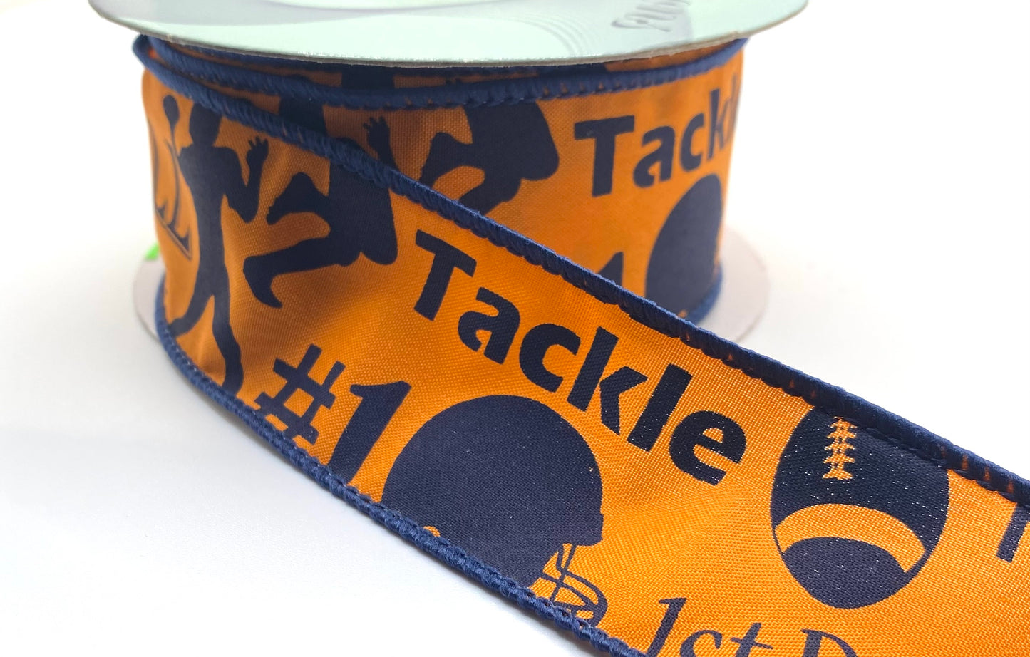 10 Yards - 1.5” Wired Orange and Navy Satin Football Ribbon