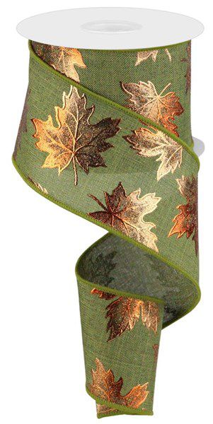 10 Yards - 2.5” Wired Moss Background with Orange Foil Fall Leaves Ribbon