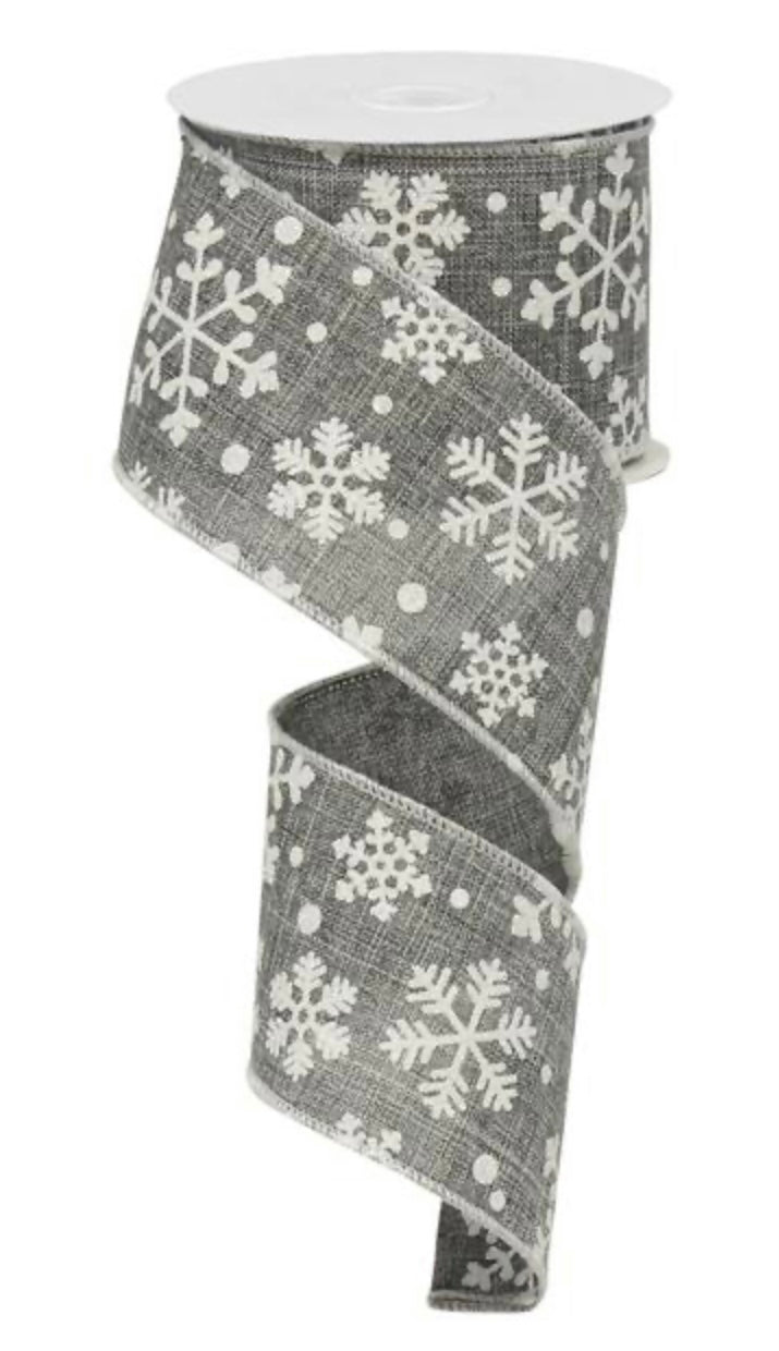 10 Yards - 2.5" Wired Gray Background White Snowflake Ribbon