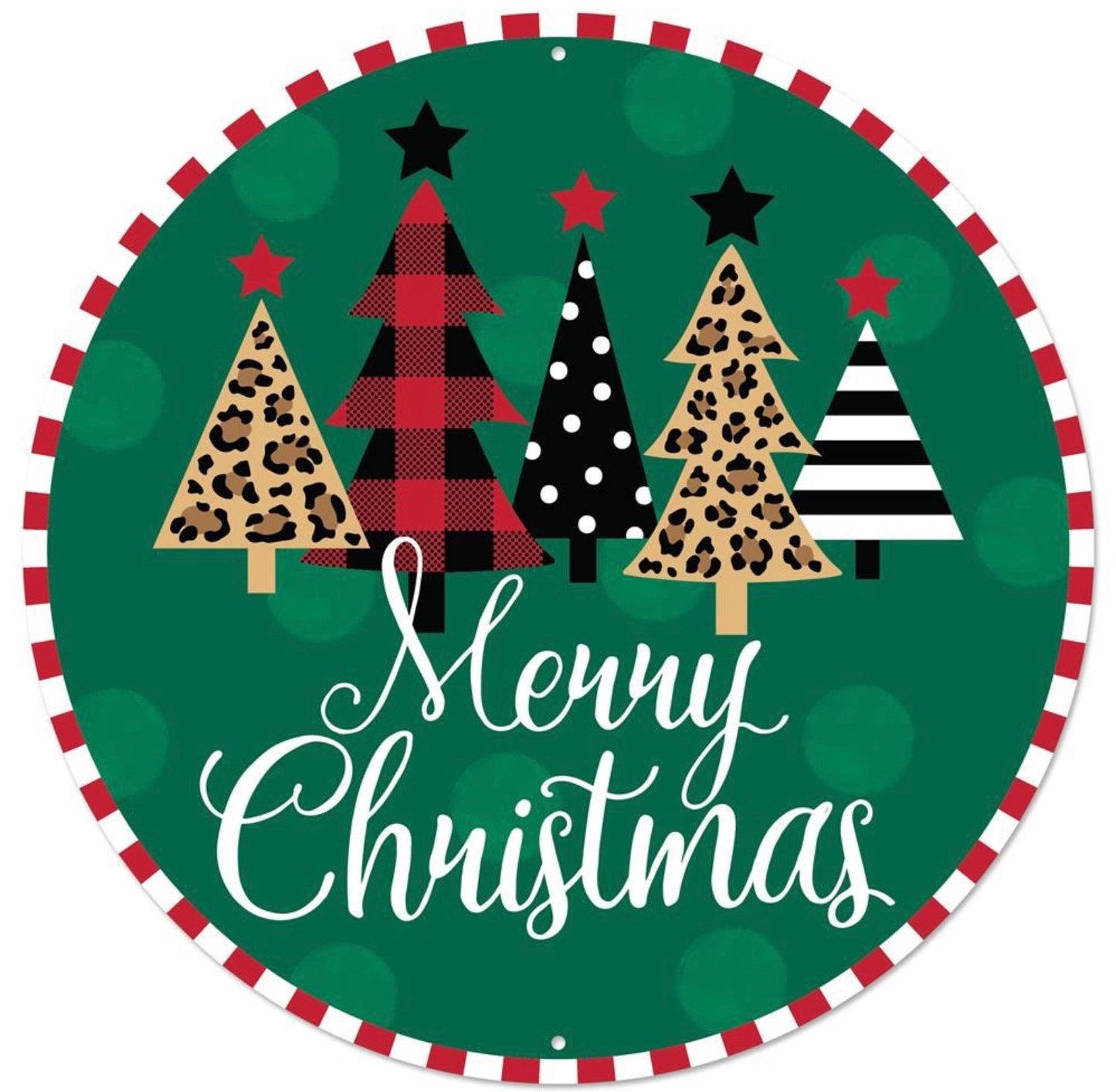 12” Round Metal Merry Christmas Tree Wreath Sign