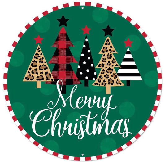 12” Round Metal Merry Christmas Tree Wreath Sign