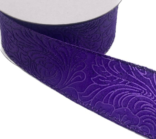 10 Yards - 1.5” Wired Purple Glitter Floral Embossed Ribbon