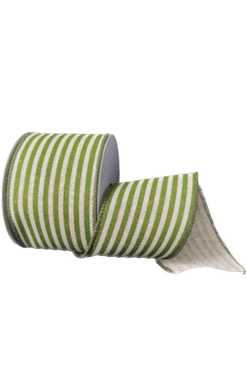 Wired Cream Canvas Ribbon with Kiwi Cabana Stripes-2.5”x10 Yards