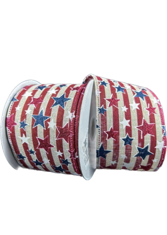 10 Yards - 2.5” Wired Patriotic Red, Natural, and Navy Blue Stars and Stripes Ribbon
