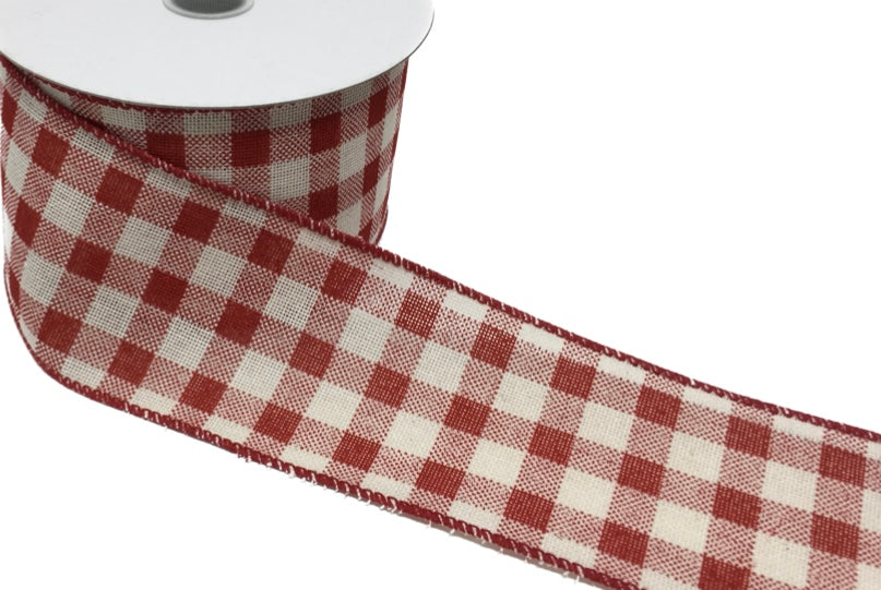 10 Yards - 2.5” Wired Red and White Check Ribbon