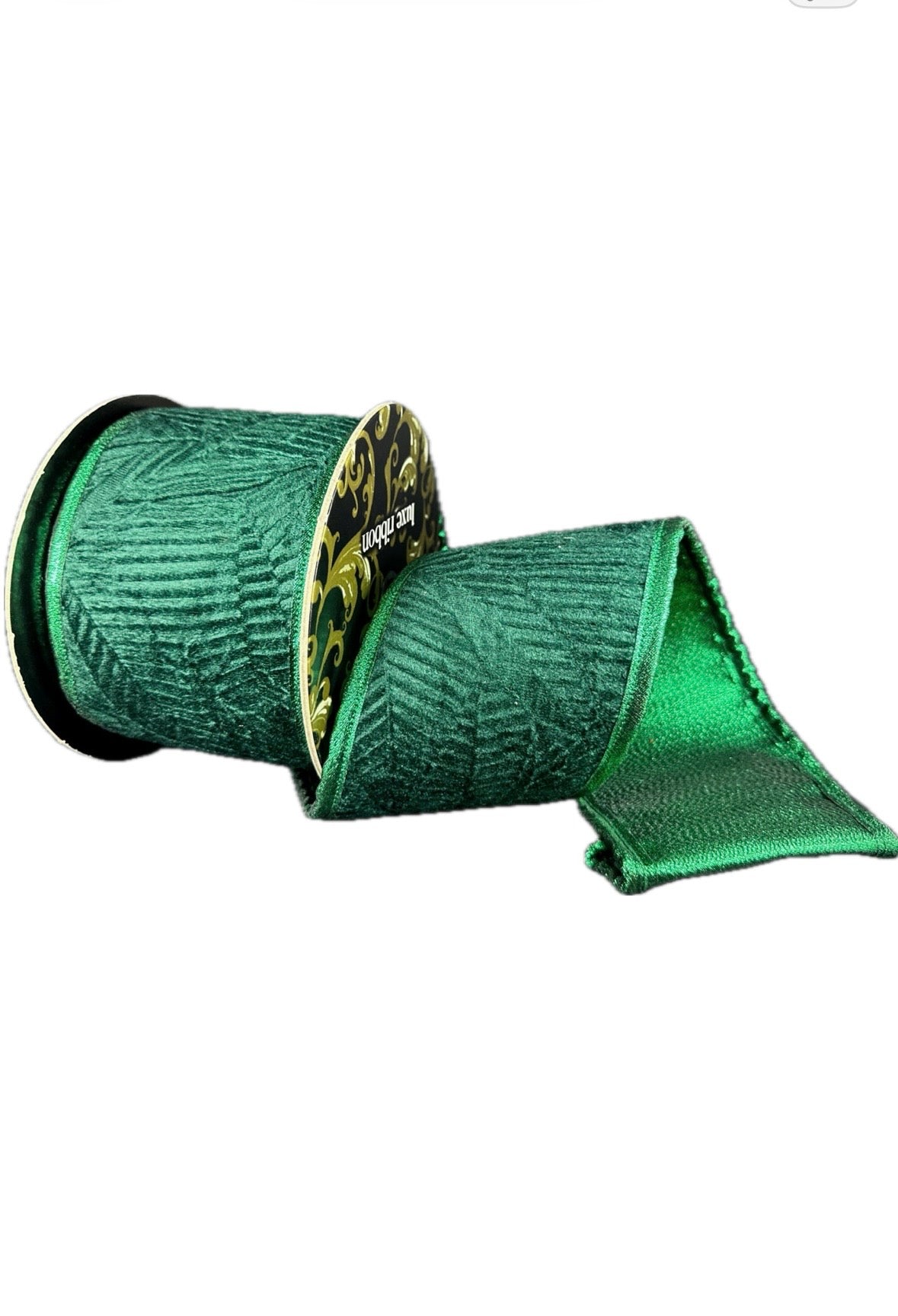 Wired Hunter Leaf Pressed Velvet/Emerald Metallic Back/Puffy Edge Ribbon- 4”x5” Yards
