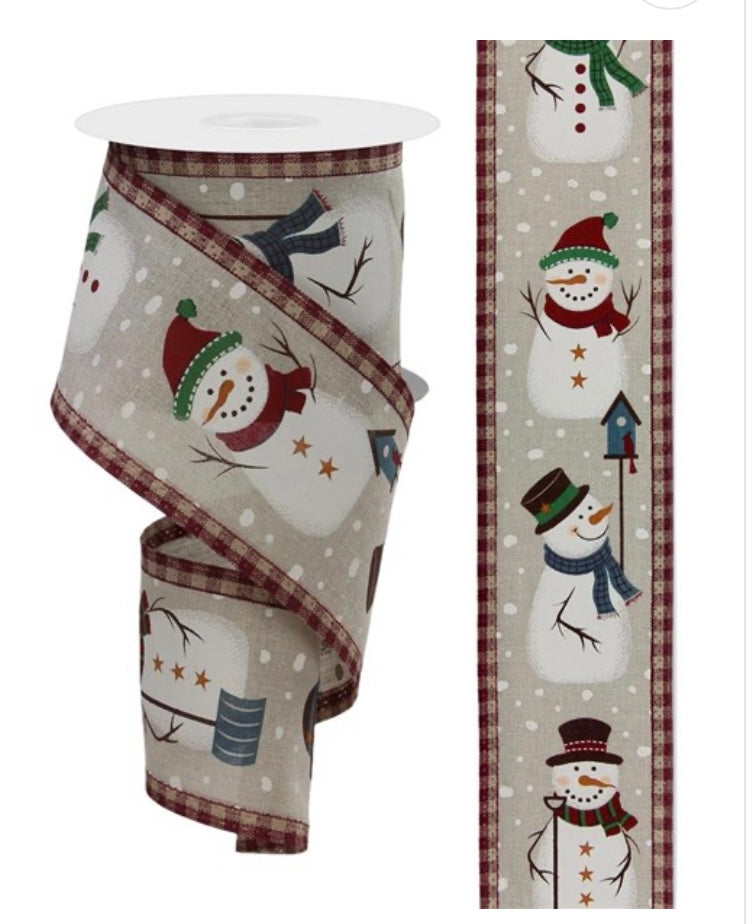 10 Yards - 2.5” Wired Natural Background Gingham Edge Snowman  Ribbon
