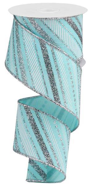 10 Yards - 2.5” Wired Ice Blue Background Silver Stripe Ribbon with Glitter Accent