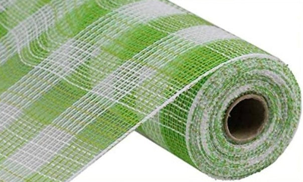 10.5” x 10 Yards White and Fresh Green Faux Jute Thin Stripe Mesh