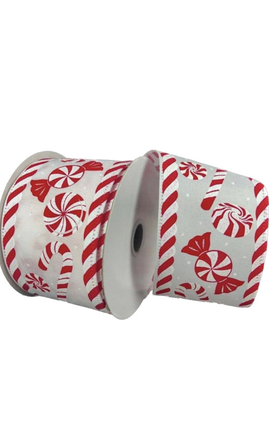 10 Yards - 2.5” Wired Peppermint Candy Cane Swirl Christmas Candy Ribbon