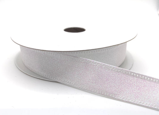 10 Yards - 7/8" Wired White Iridescent All Flat Glitter Ribbon