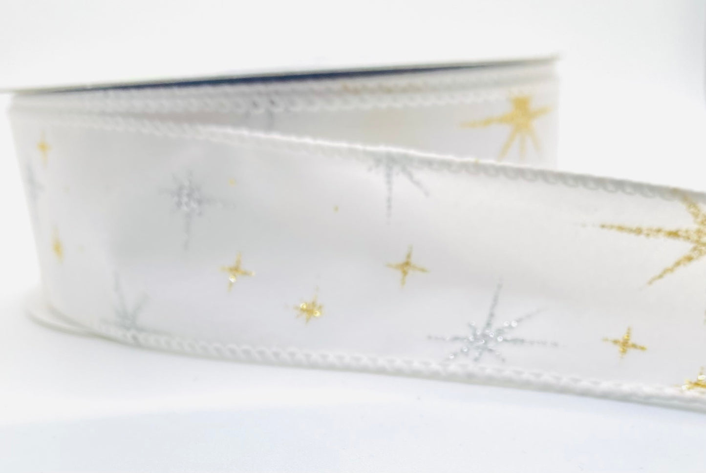 10 Yards - 1.5” Wired White Velvet Gold and Silver Guiding Stars Ribbon