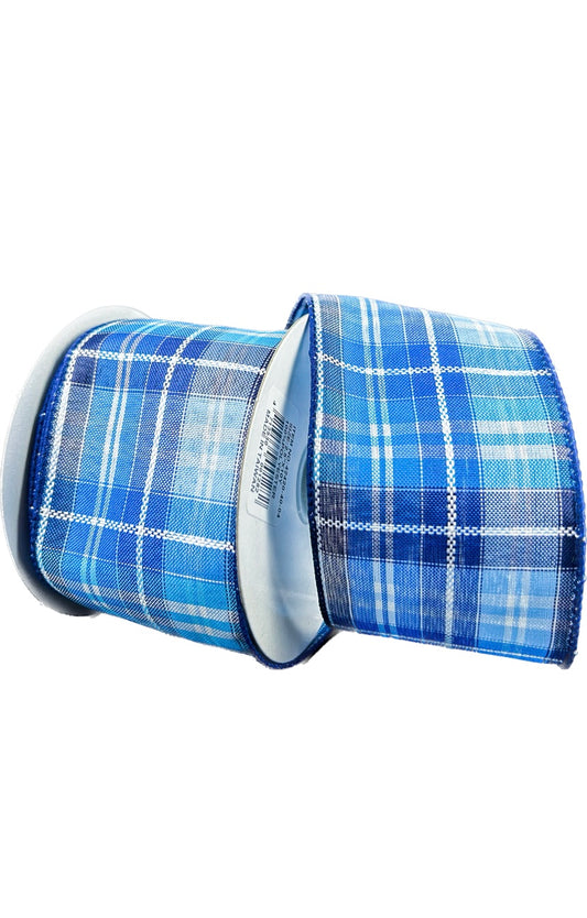 10 Yards - 2.5” Wired Blue and White Kennedy Printed Plaid Ribbon