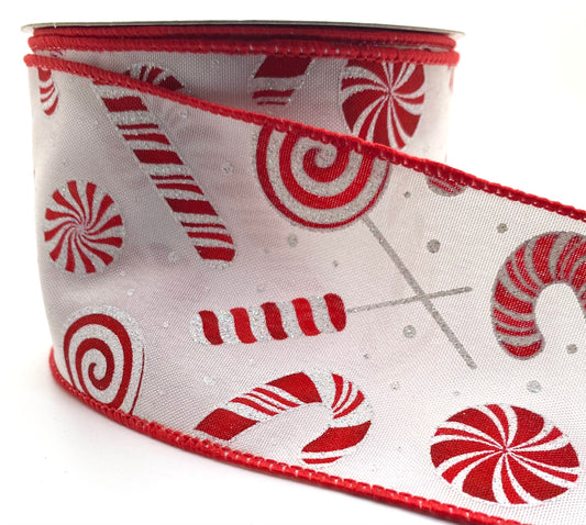 10 Yards - 2.5” Wired Red and White Peppermint Candy Ribbon
