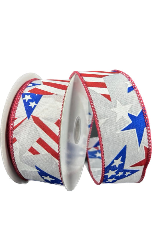 Wired Patriotic Red, Natural, and Navy Blue Stars and Stripes Ribbon-1.5”x10 Yards