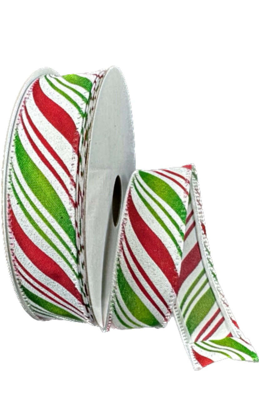 Wired Lime Red White Flat All Glitter Candy Cane Stripe  Ribbon- 7/8”x10 Yards